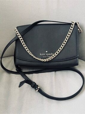 kate spade Black Leather Crossbody with Gold Chain Detail